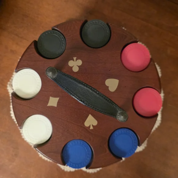 BOMBAY ♠️ Wooden Poker Chip Handle Carousel Caddy w/RedBlueWhite & Black Chips